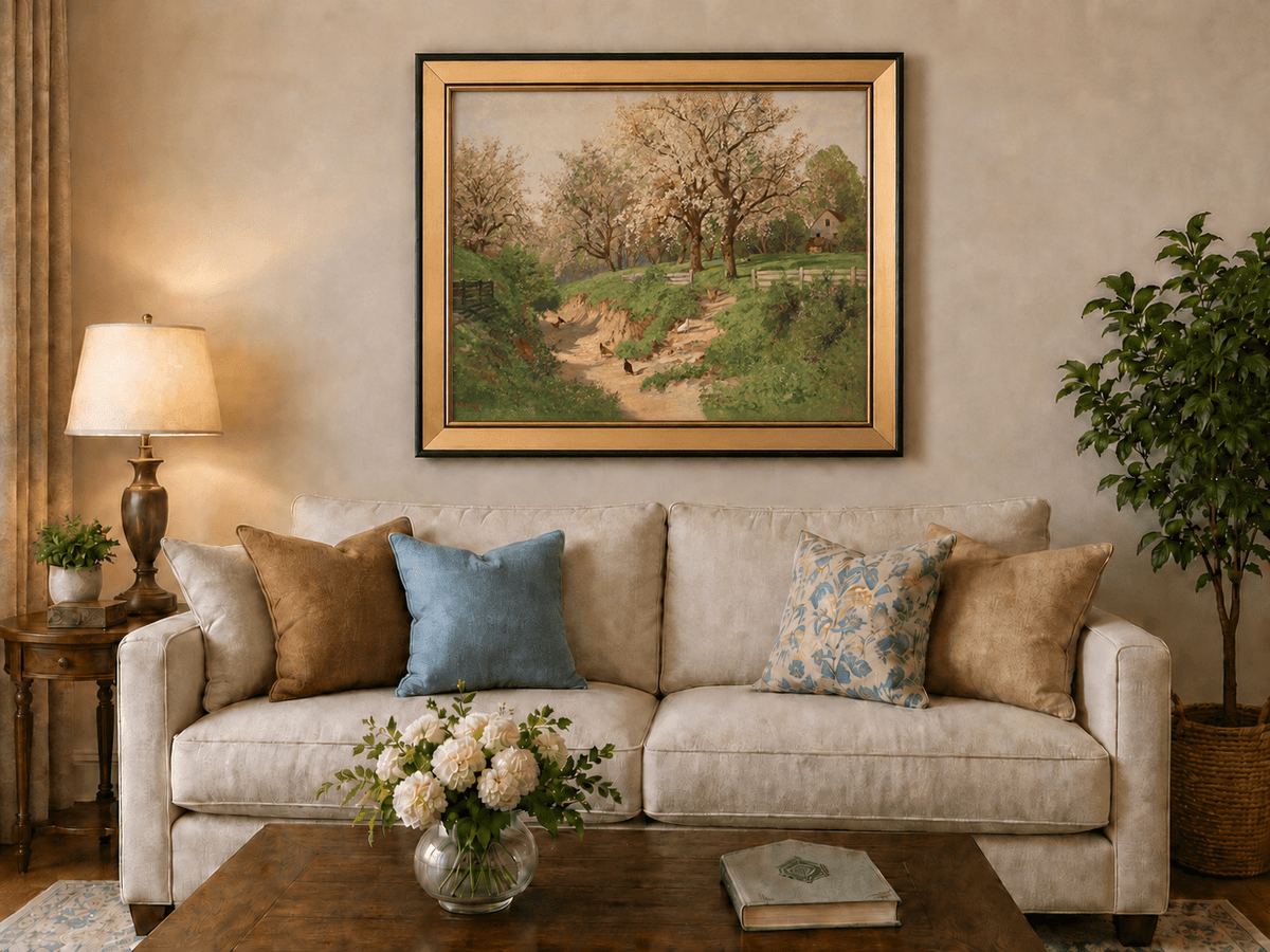 Framed hand-painted spring farm oil painting with blossoms, a path and poultry displayed above a neutral living room sofa.