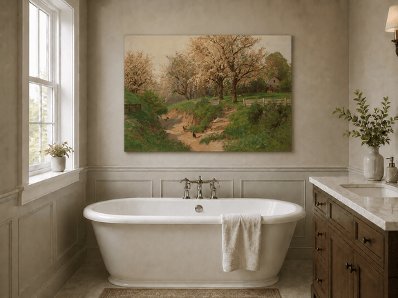 Unframed hand-painted spring farm oil painting with blossoms, a path and poultry displayed above a freestanding bathtub.