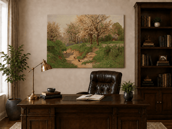 Unframed hand-painted spring farm oil painting with blossoms, a path and poultry displayed above a traditional home office desk.