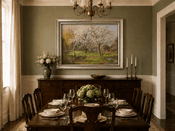 Framed hand-painted spring farm oil painting with flowering trees and poultry displayed above a formal dining table.