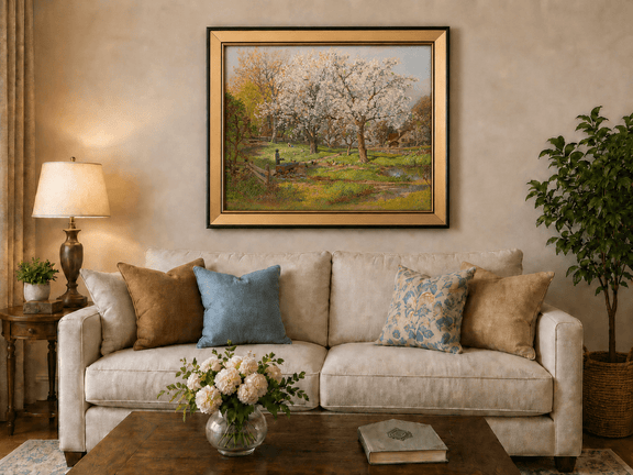 Framed hand-painted spring farm oil painting with flowering trees and poultry displayed above a neutral living room sofa.