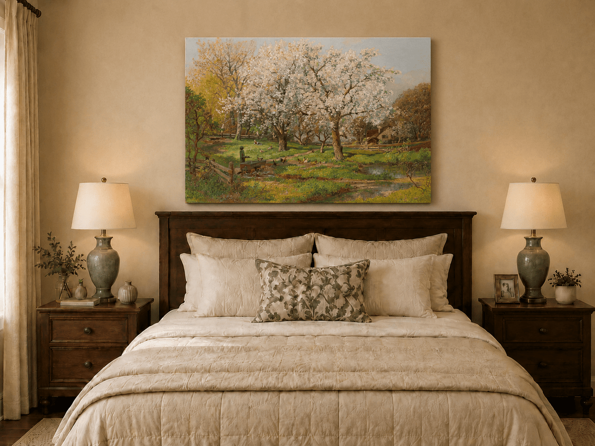 Unframed hand-painted spring farm oil painting with flowering trees and poultry displayed above a wooden bed in a neutral bedroom.
