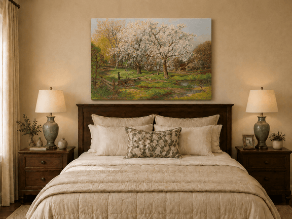 Unframed hand-painted spring farm oil painting with flowering trees and poultry displayed above a wooden bed in a neutral bedroom.