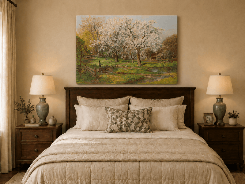 Unframed hand-painted spring farm oil painting with flowering trees and poultry displayed above a wooden bed in a neutral bedroom.