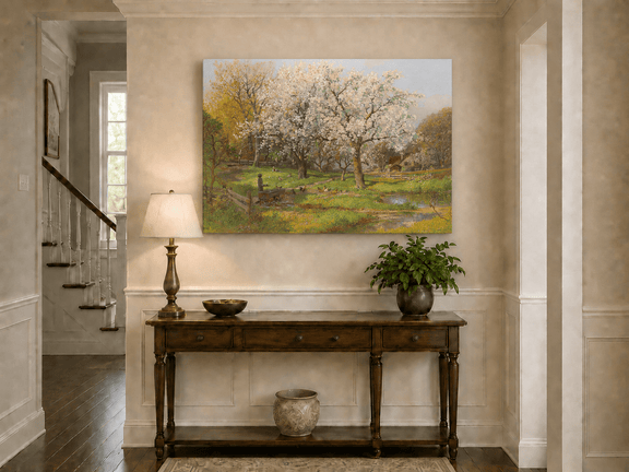 Unframed hand-painted spring farm oil painting with flowering trees and poultry displayed above an entryway console table.