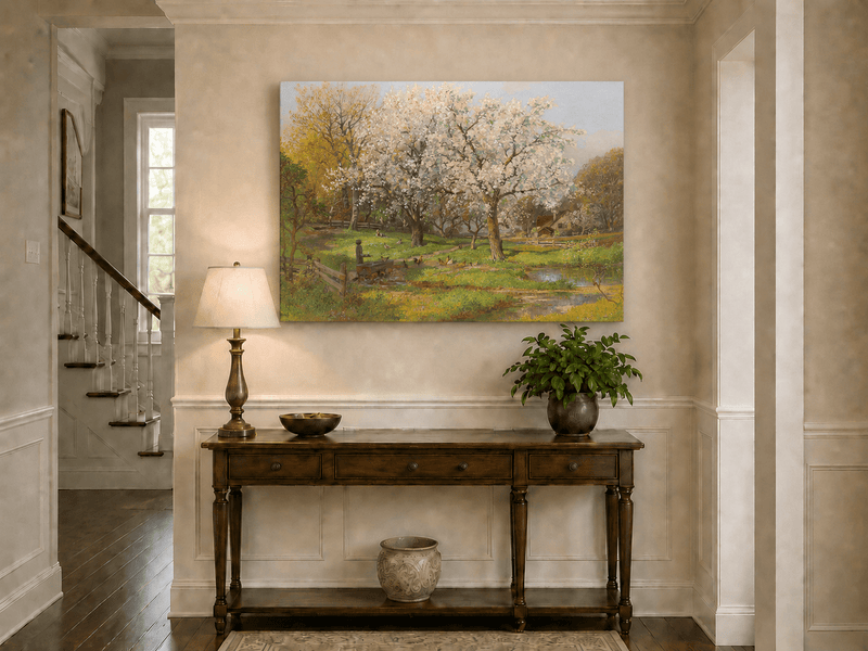 Unframed hand-painted spring farm oil painting with flowering trees and poultry displayed above an entryway console table.