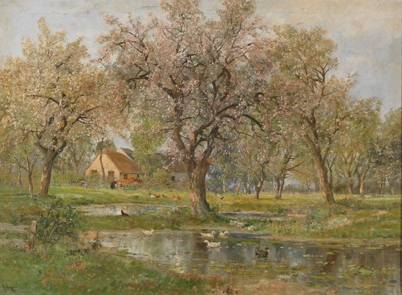 Spring Orchard, Blossoming Trees, Farm Pond – Landscape Oil Painting - Oil Painting Haven
