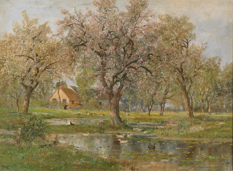 Spring Orchard, Blossoming Trees, Farm Pond – Landscape Oil Painting - Oil Painting Haven