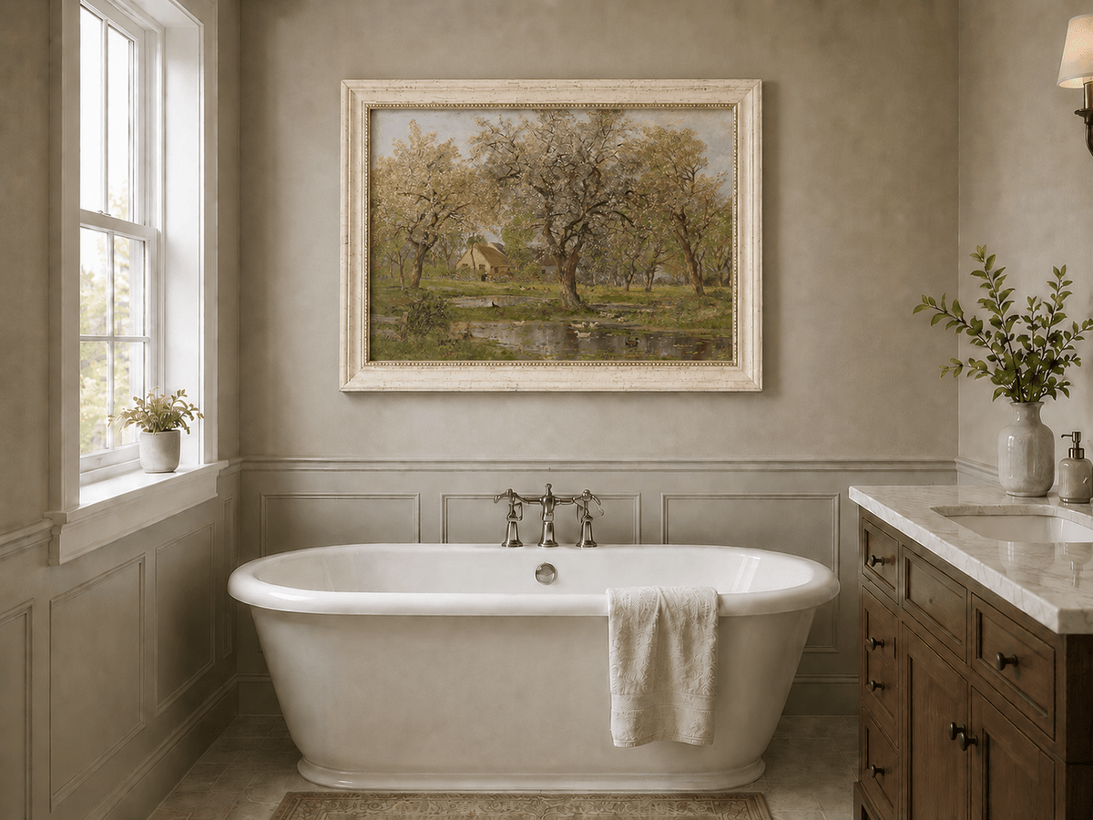 Framed hand-painted spring orchard oil painting with blossoming trees, a farmhouse and pond displayed above a freestanding bathtub.