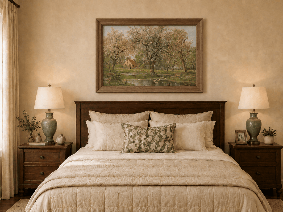 Framed hand-painted spring orchard oil painting with blossoming trees, a farmhouse and pond displayed above a wooden bed in a neutral bedroom.