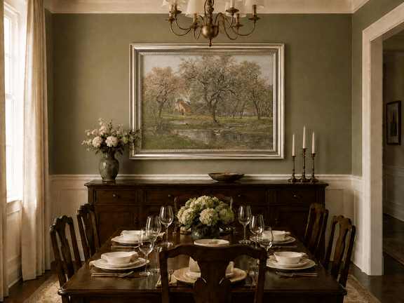 Framed hand-painted spring orchard oil painting with blossoming trees, a farmhouse and pond displayed above a formal dining table.