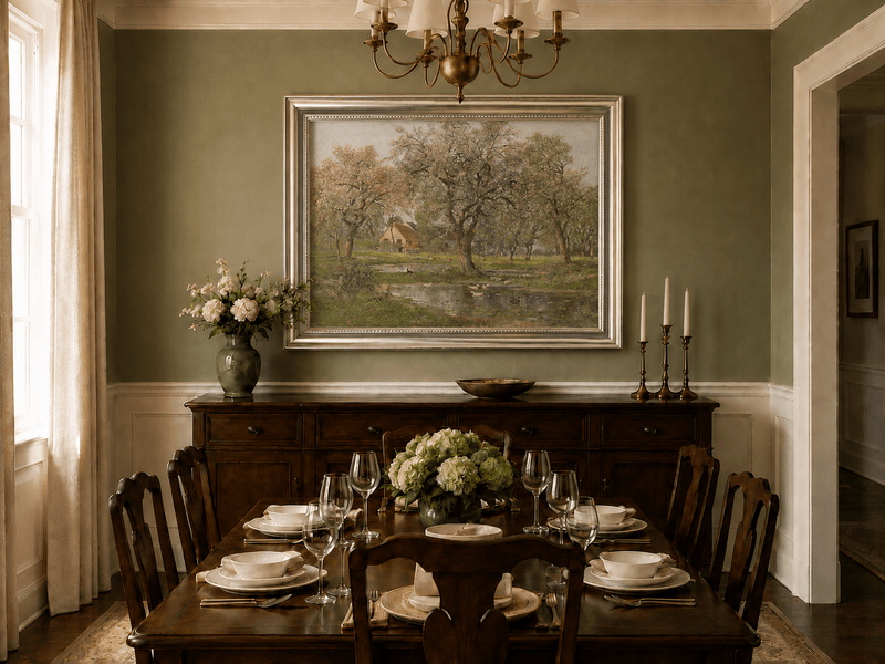Framed hand-painted spring orchard oil painting with blossoming trees, a farmhouse and pond displayed above a formal dining table.