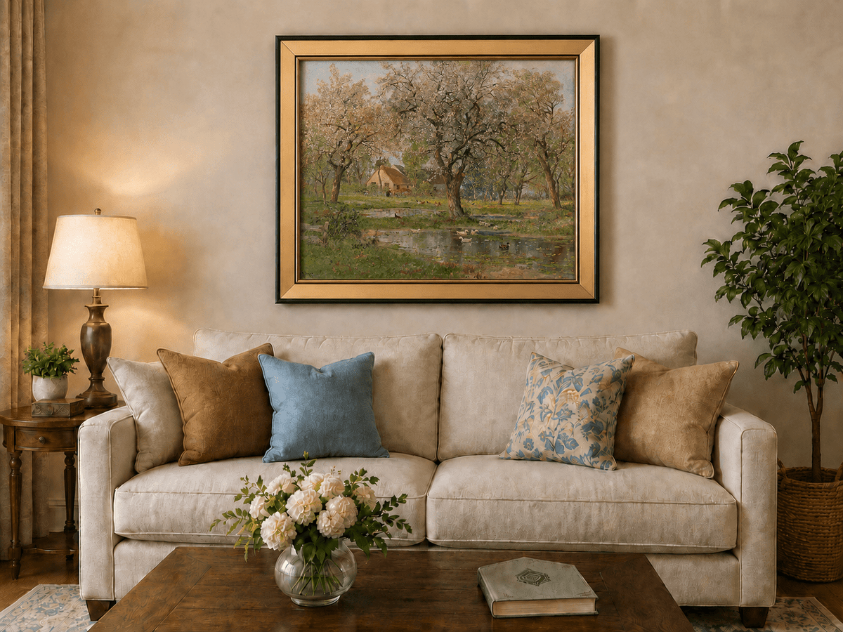 Framed hand-painted spring orchard oil painting with blossoming trees, a farmhouse and pond displayed above a neutral living room sofa.
