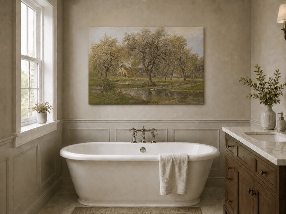 Unframed hand-painted spring orchard oil painting with blossoming trees, a farmhouse and pond displayed above a freestanding bathtub.