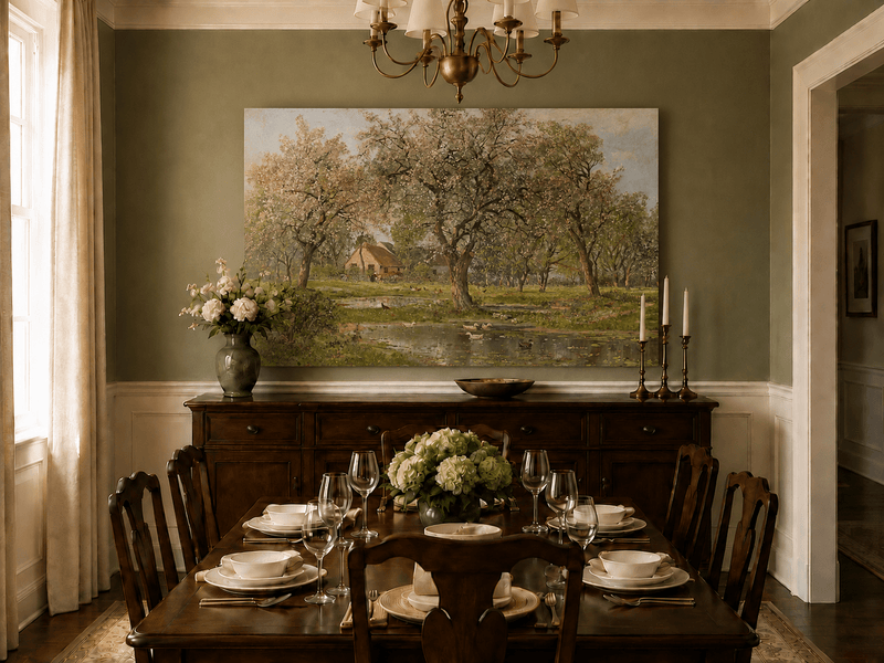 Unframed hand-painted spring orchard oil painting with blossoming trees, a farmhouse and pond displayed above a formal dining table.