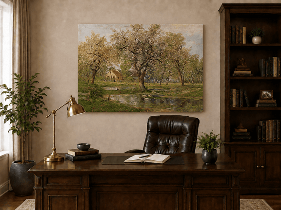 Unframed hand-painted spring orchard oil painting with blossoming trees, a farmhouse and pond displayed above a traditional home office desk.