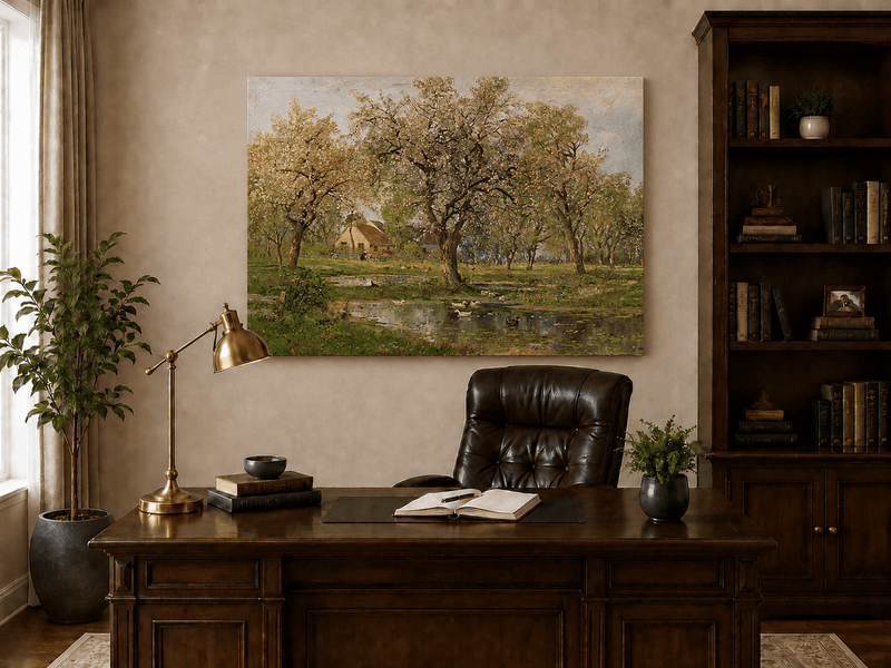Unframed hand-painted spring orchard oil painting with blossoming trees, a farmhouse and pond displayed above a traditional home office desk.