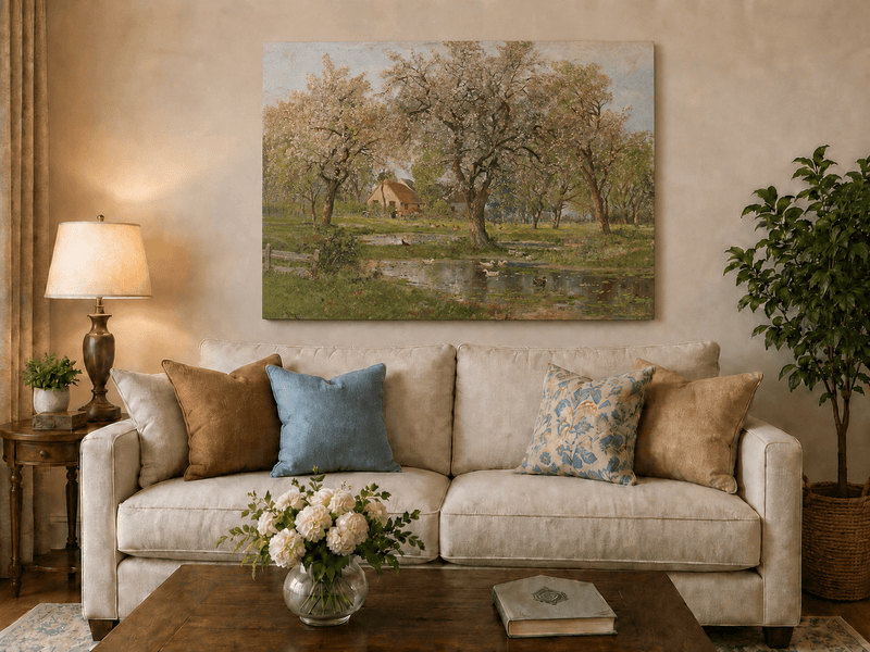 Unframed hand-painted spring orchard oil painting with blossoming trees, a farmhouse and pond displayed above a neutral living room sofa.