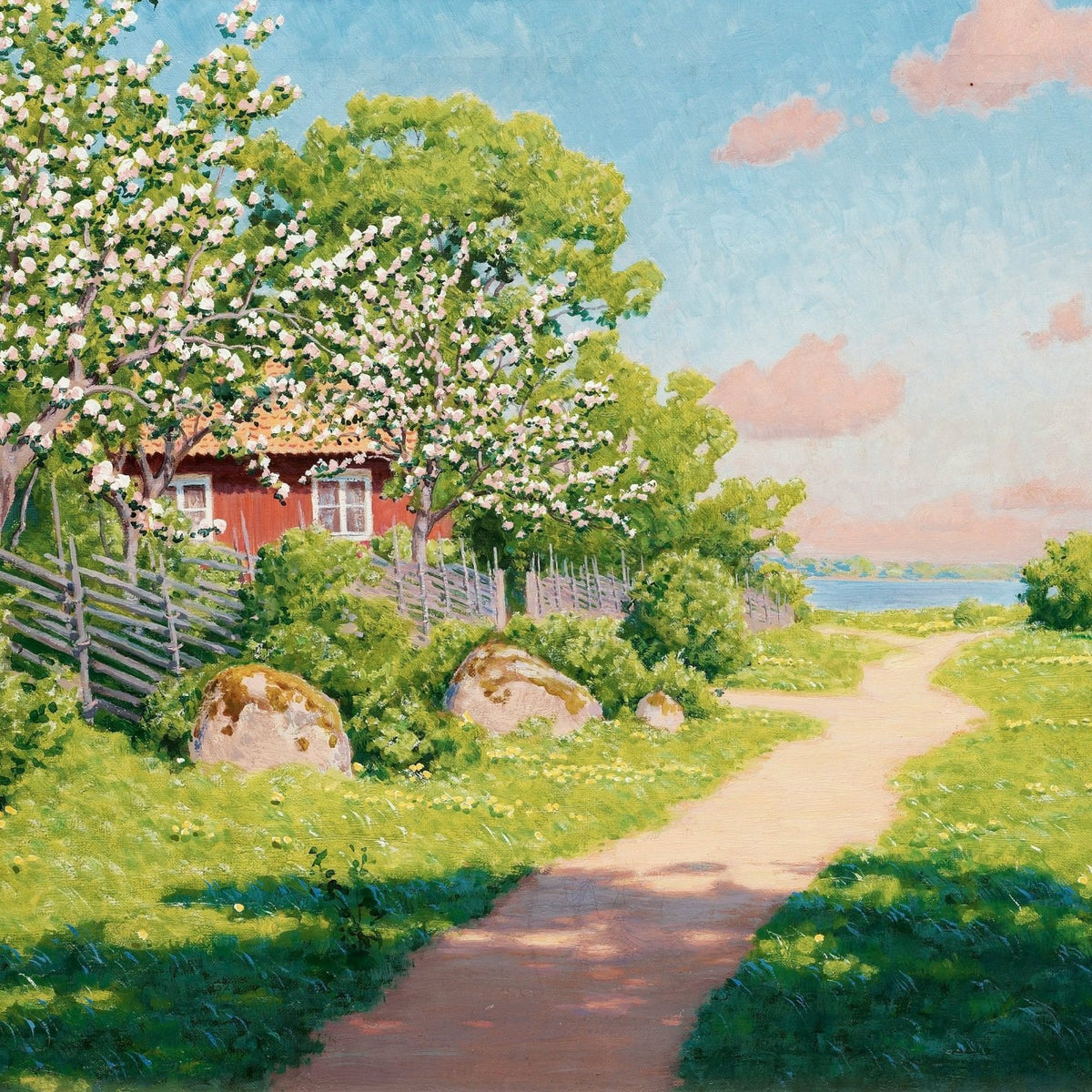 Spring Orchard Path by the Lake – Hand - Painted Landscape Oil Painting - Oil Painting Haven