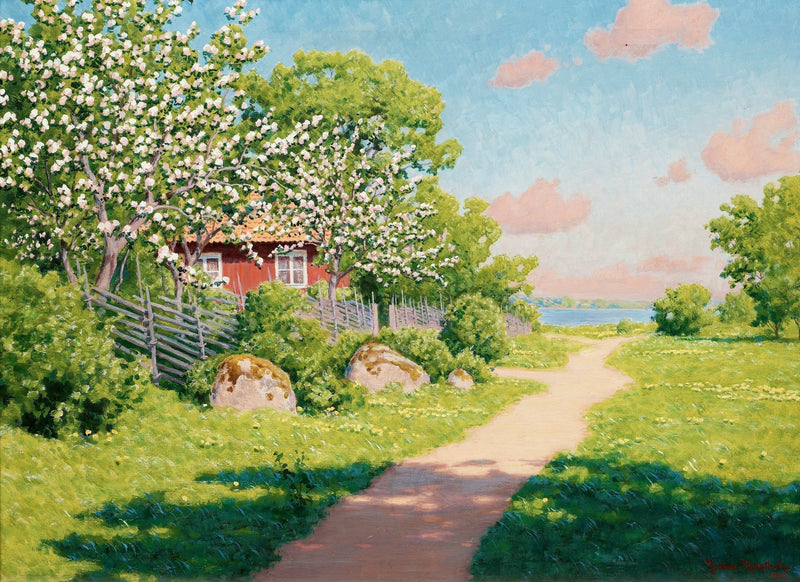 Spring Orchard Path by the Lake – Hand - Painted Landscape Oil Painting - Oil Painting Haven