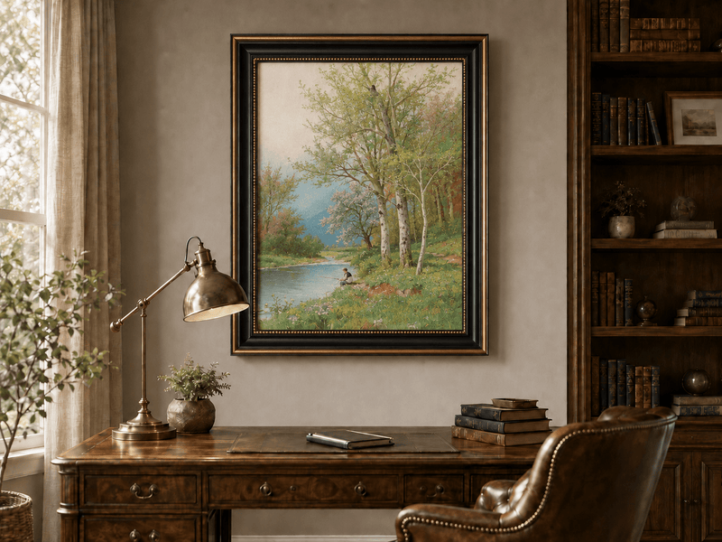 Framed hand-painted spring river oil painting with a fisherman beneath leafy trees displayed above a traditional home office desk.
