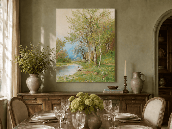 Unframed hand-painted spring river oil painting with a fisherman beneath leafy trees displayed above a formal dining table.