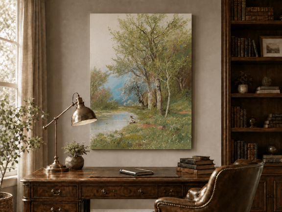 Unframed hand-painted spring river oil painting with a fisherman beneath leafy trees displayed above a traditional home office desk.