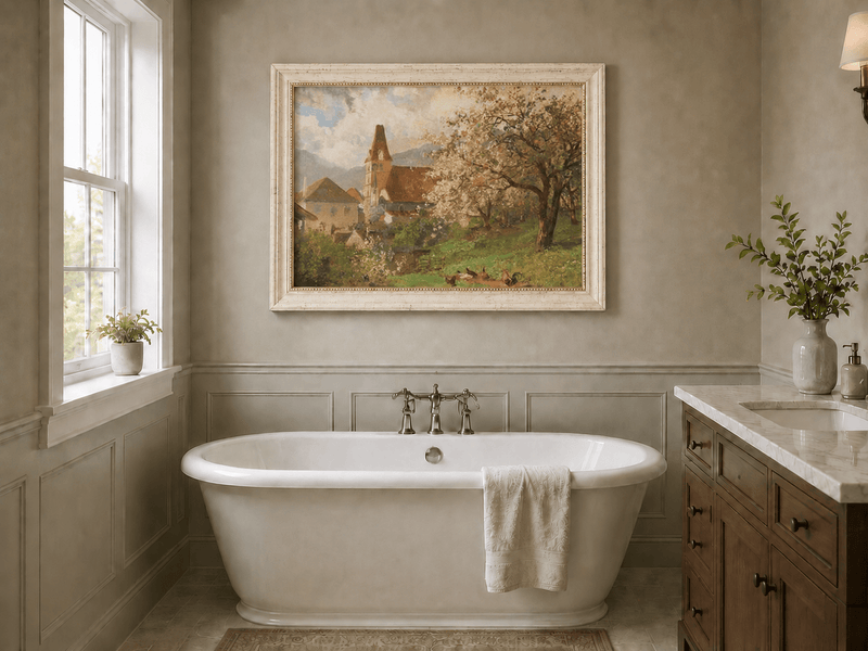 Framed hand-painted spring village oil painting with a church and flowering tree displayed above a freestanding bathtub.