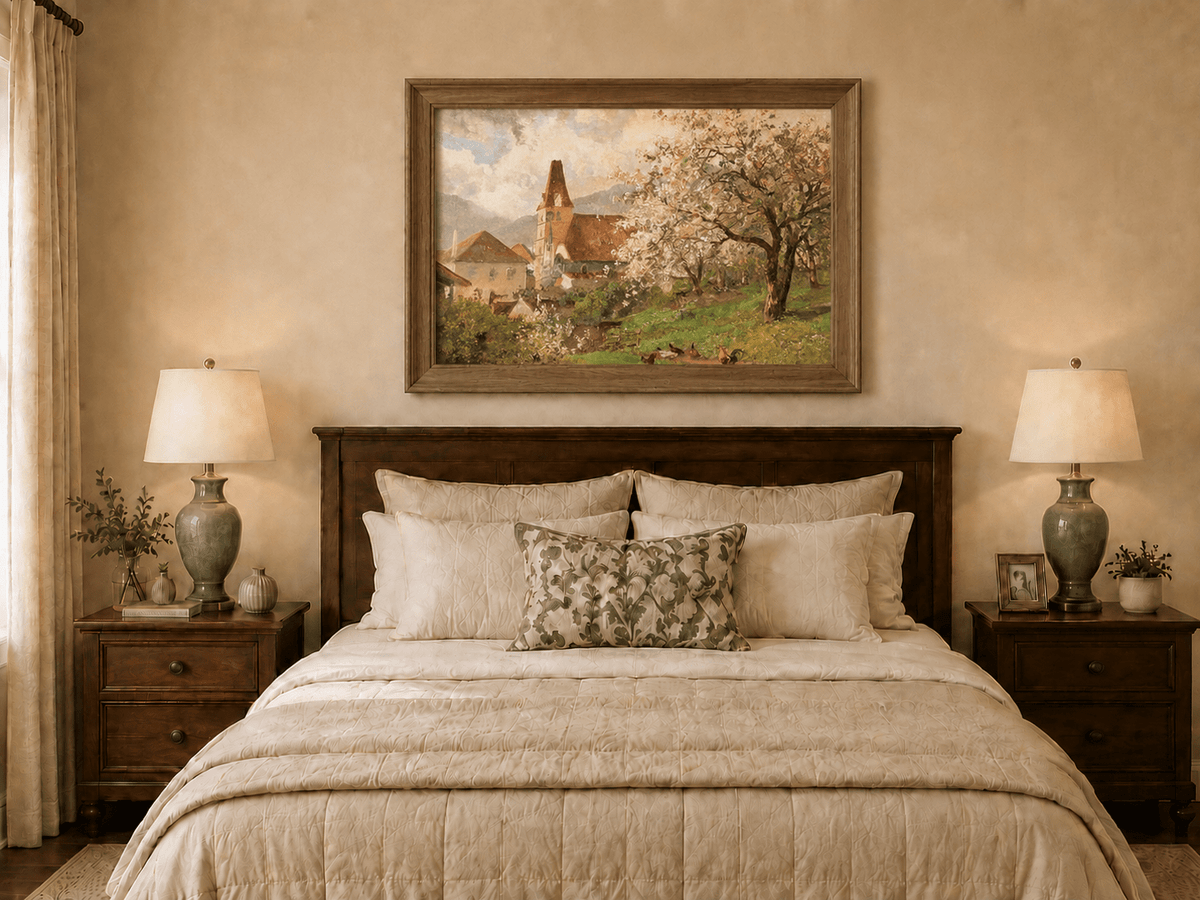 Framed hand-painted spring village oil painting with a church and flowering tree displayed above a wooden bed in a neutral bedroom.