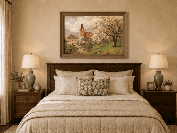 Framed hand-painted spring village oil painting with a church and flowering tree displayed above a wooden bed in a neutral bedroom.