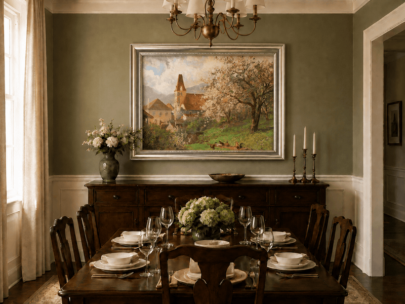 Framed hand-painted spring village oil painting with a church and flowering tree displayed above a formal dining table.