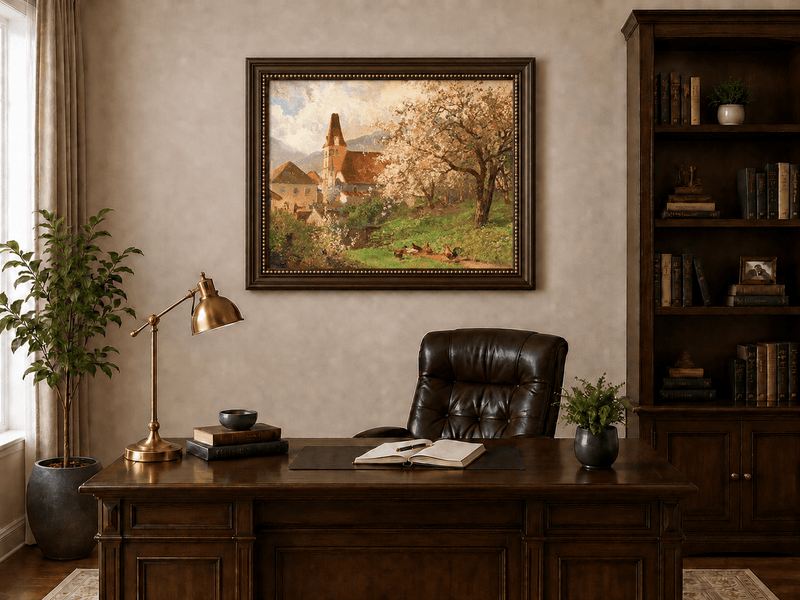 Framed hand-painted spring village oil painting with a church and flowering tree displayed above a traditional home office desk.