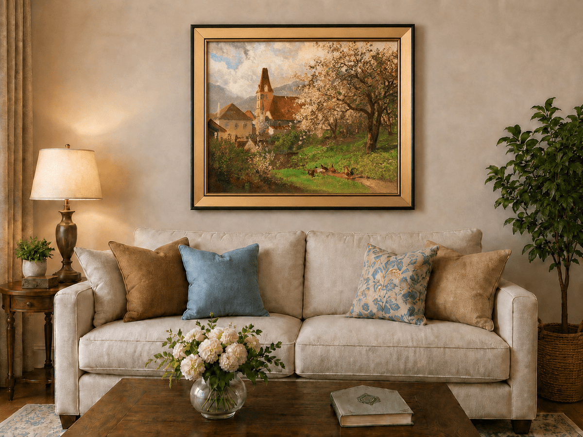Framed hand-painted spring village oil painting with a church and flowering tree displayed above a neutral living room sofa.