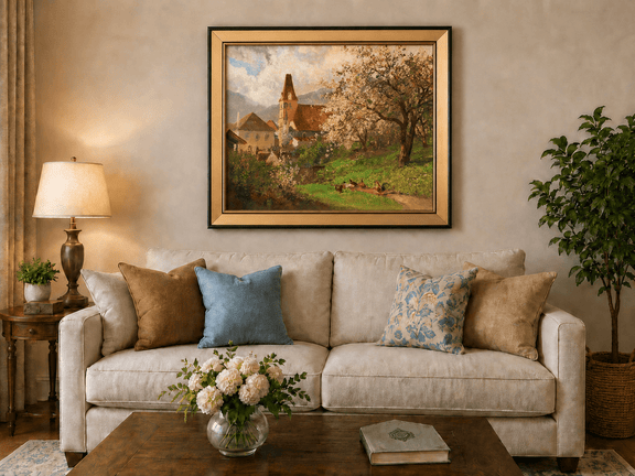 Framed hand-painted spring village oil painting with a church and flowering tree displayed above a neutral living room sofa.