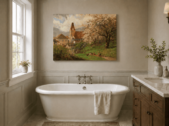 Unframed hand-painted spring village oil painting with a church and flowering tree displayed above a freestanding bathtub.
