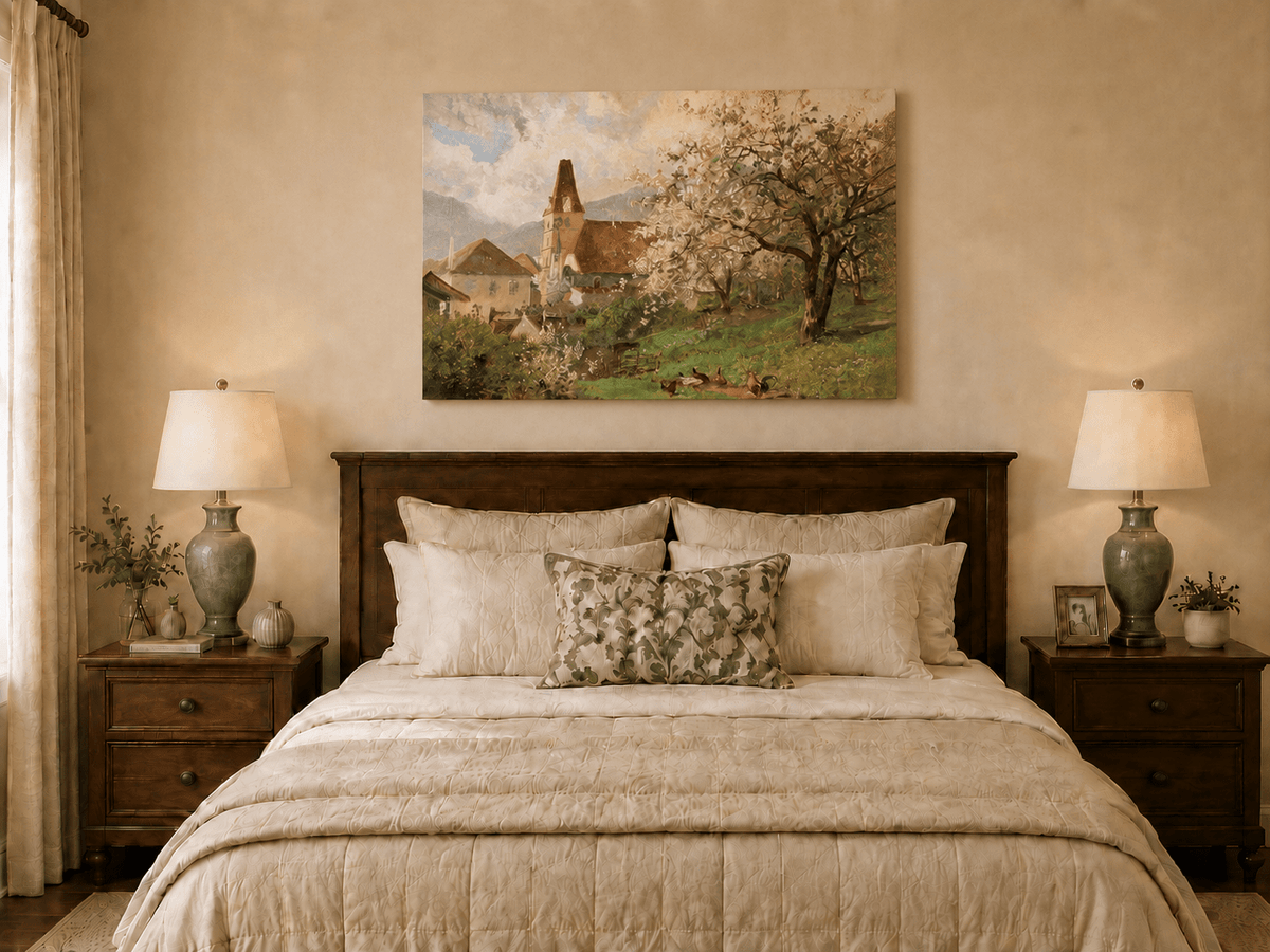 Unframed hand-painted spring village oil painting with a church and flowering tree displayed above a wooden bed in a neutral bedroom.