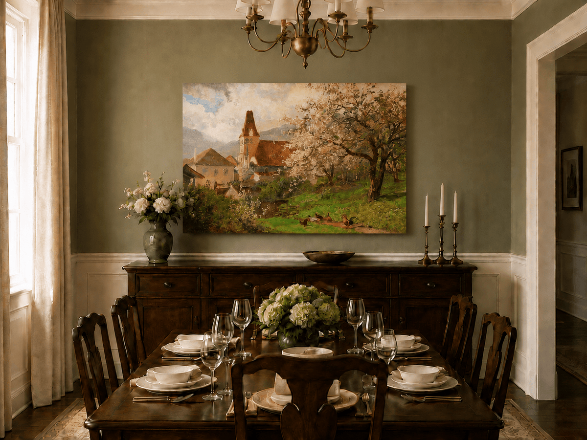 Unframed hand-painted spring village oil painting with a church and flowering tree displayed above a formal dining table.