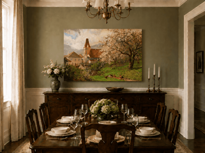 Unframed hand-painted spring village oil painting with a church and flowering tree displayed above a formal dining table.