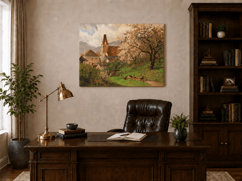 Unframed hand-painted spring village oil painting with a church and flowering tree displayed above a traditional home office desk.