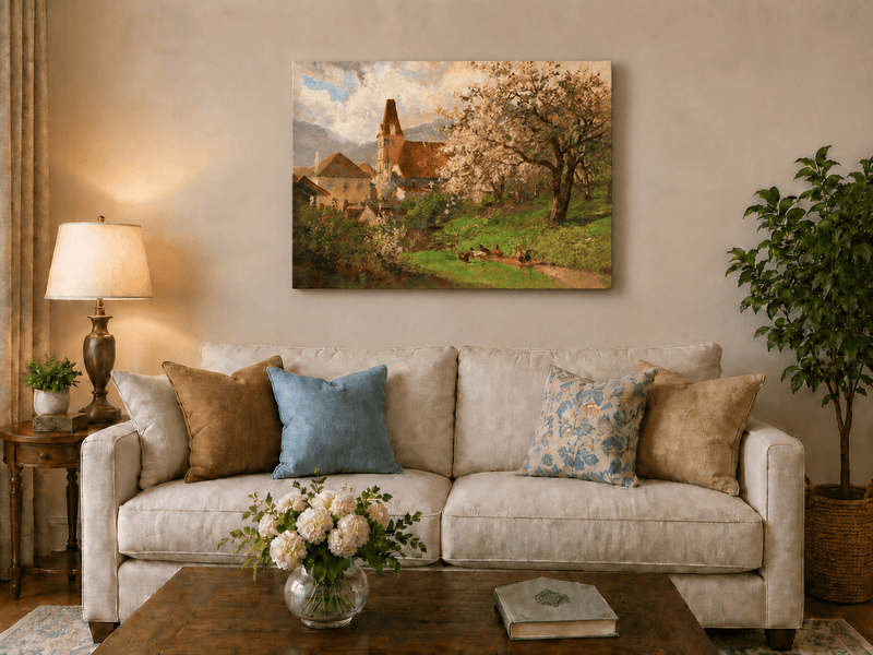 Unframed hand-painted spring village oil painting with a church and flowering tree displayed above a neutral living room sofa.