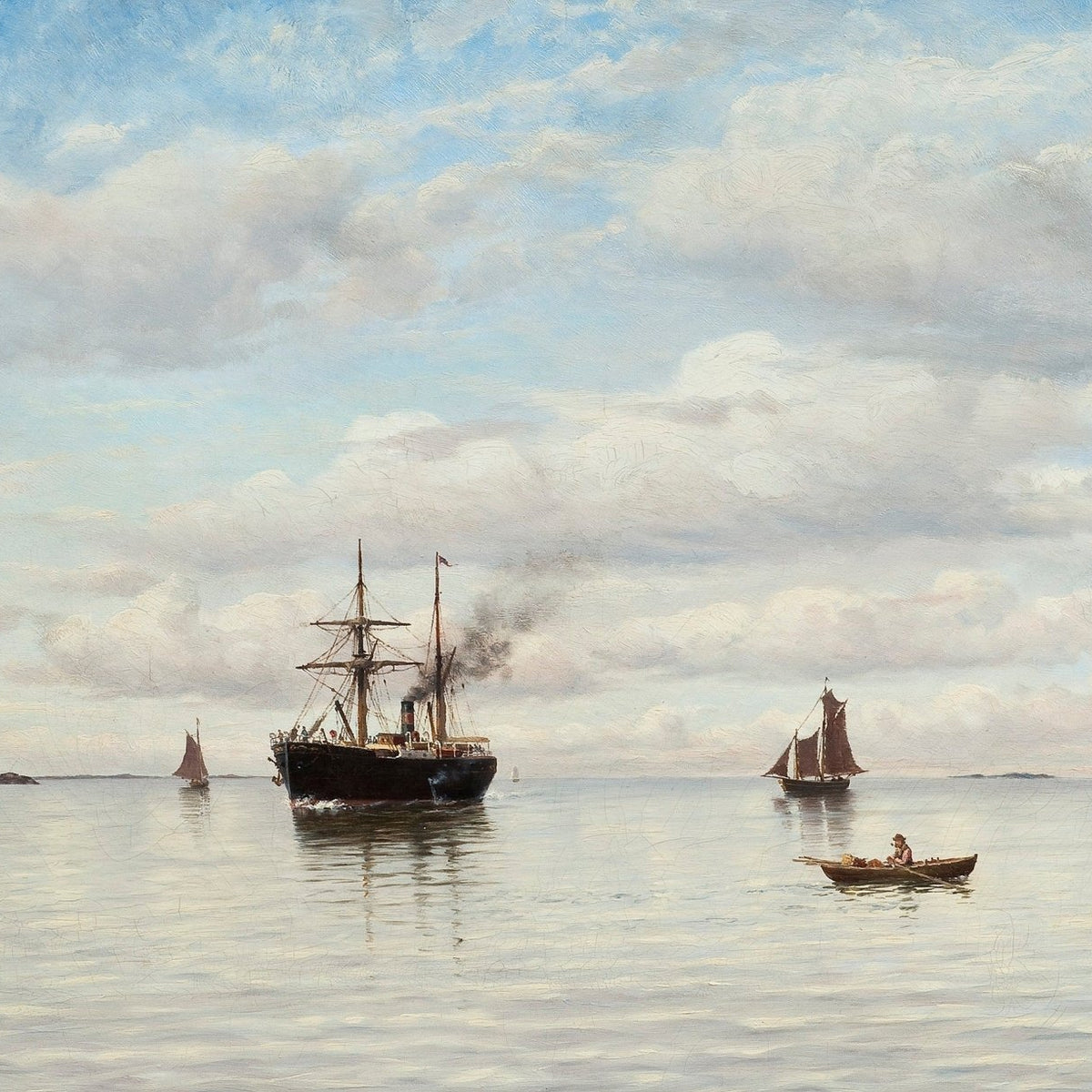 Hand-painted steamship and sailboats at sea nautical oil painting on canvas