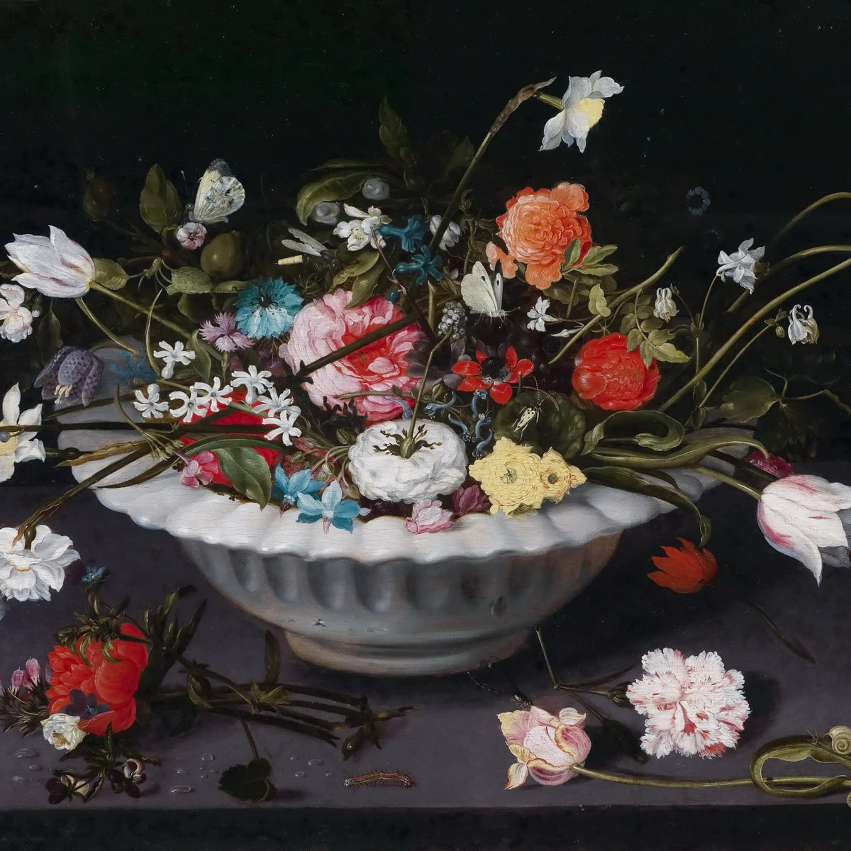 Still Life Flowers in Marble Bowl, Dutch Style - Floral Oil Painting - Oil Painting Haven