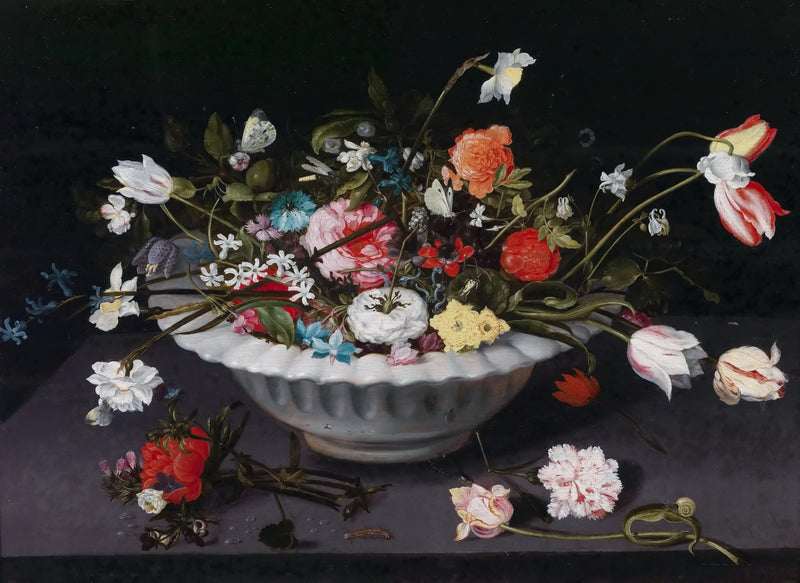 Still Life Flowers in Marble Bowl, Dutch Style - Floral Oil Painting - Oil Painting Haven