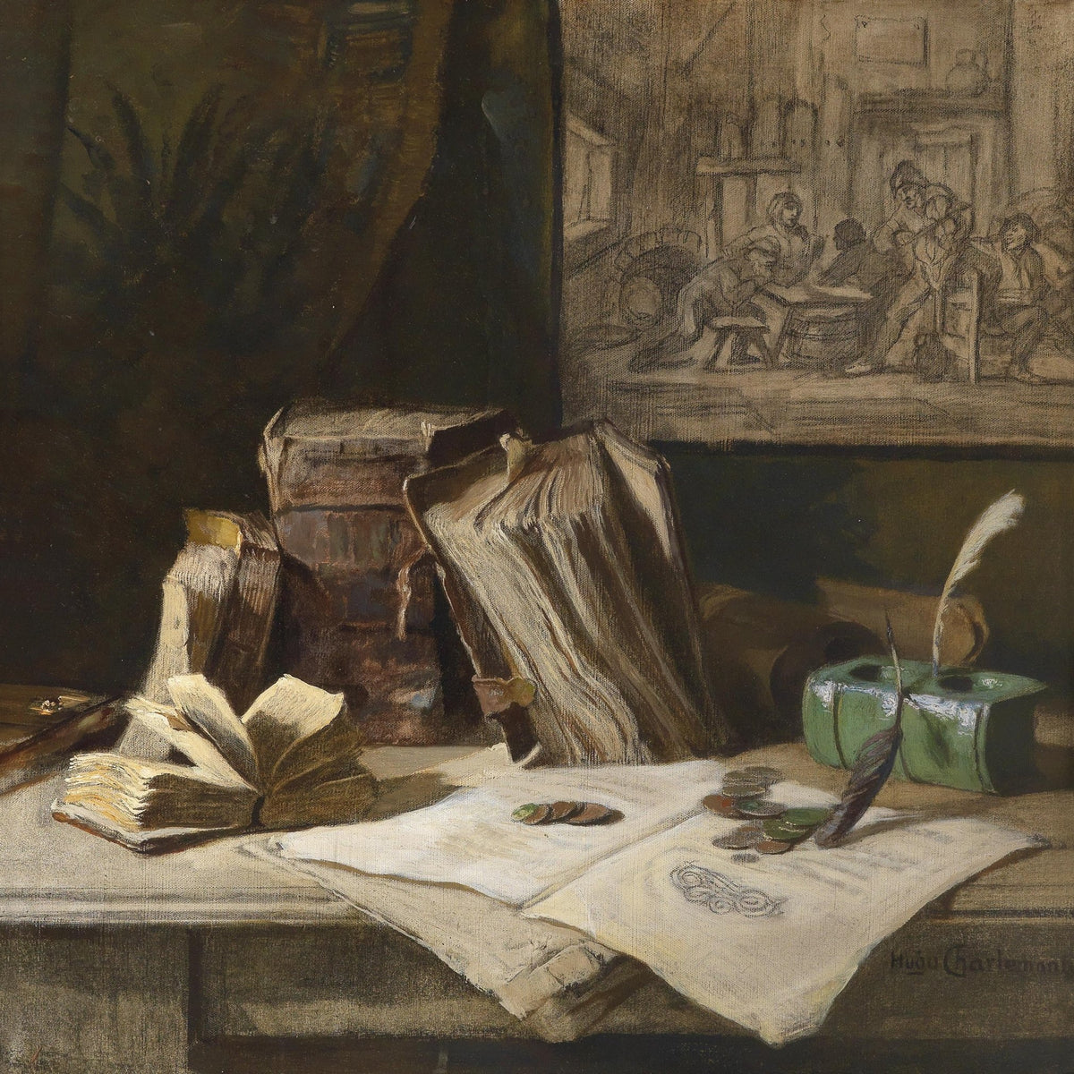 Still Life Oil Painting - Antique Books and Quill - Oil Painting Haven