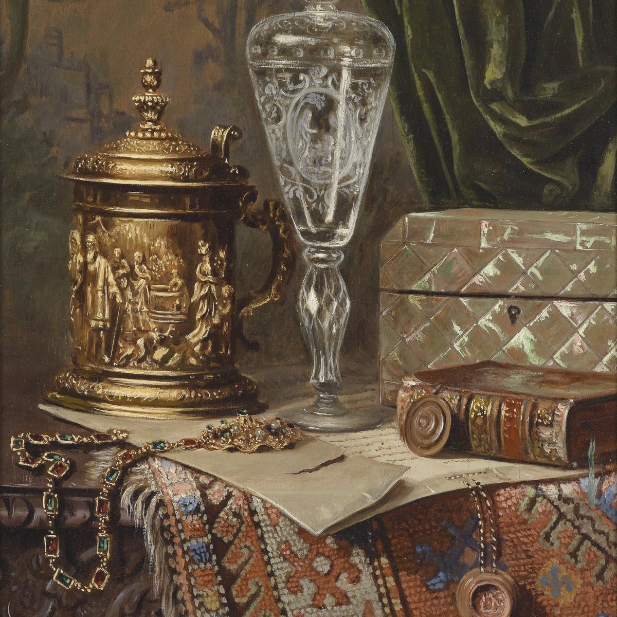 Still Life Oil Painting - Antique Goblet and Jewelry - Oil Painting Haven