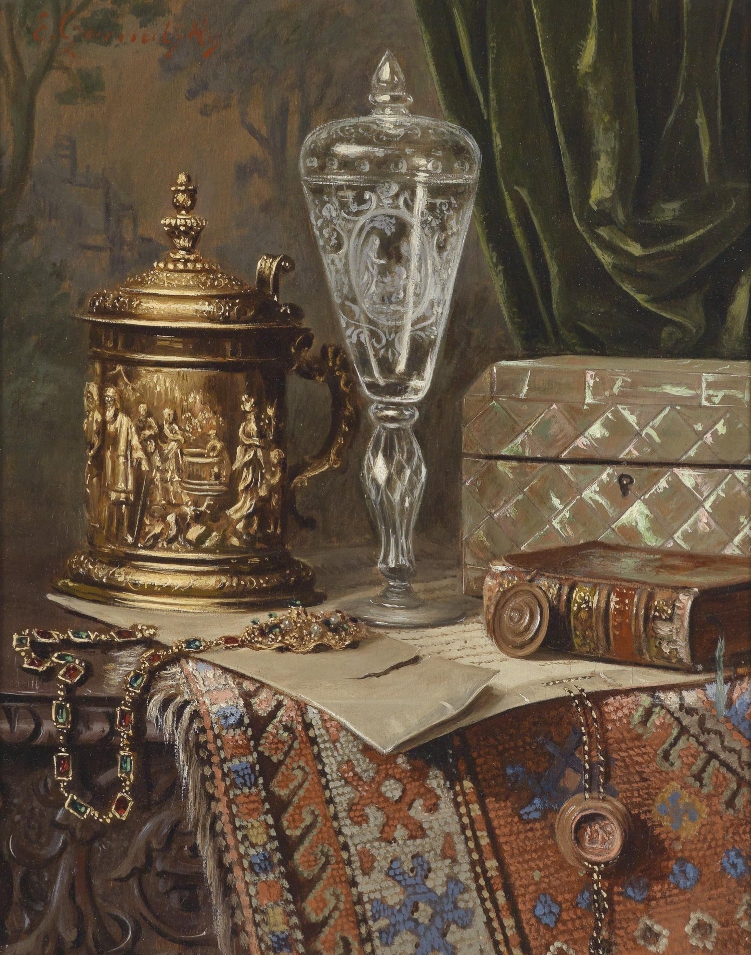 Still Life Oil Painting - Antique Goblet and Jewelry - Oil Painting Haven