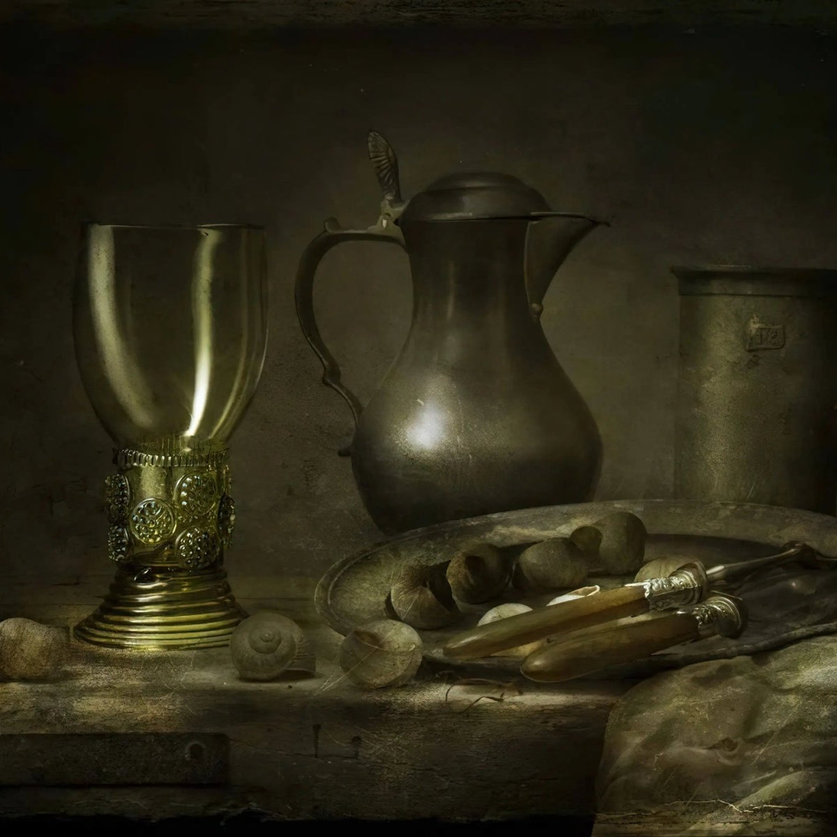 Still Life Oil Painting - Antique Metalware with Glassware and Shells Wall Art - Oil Painting Haven