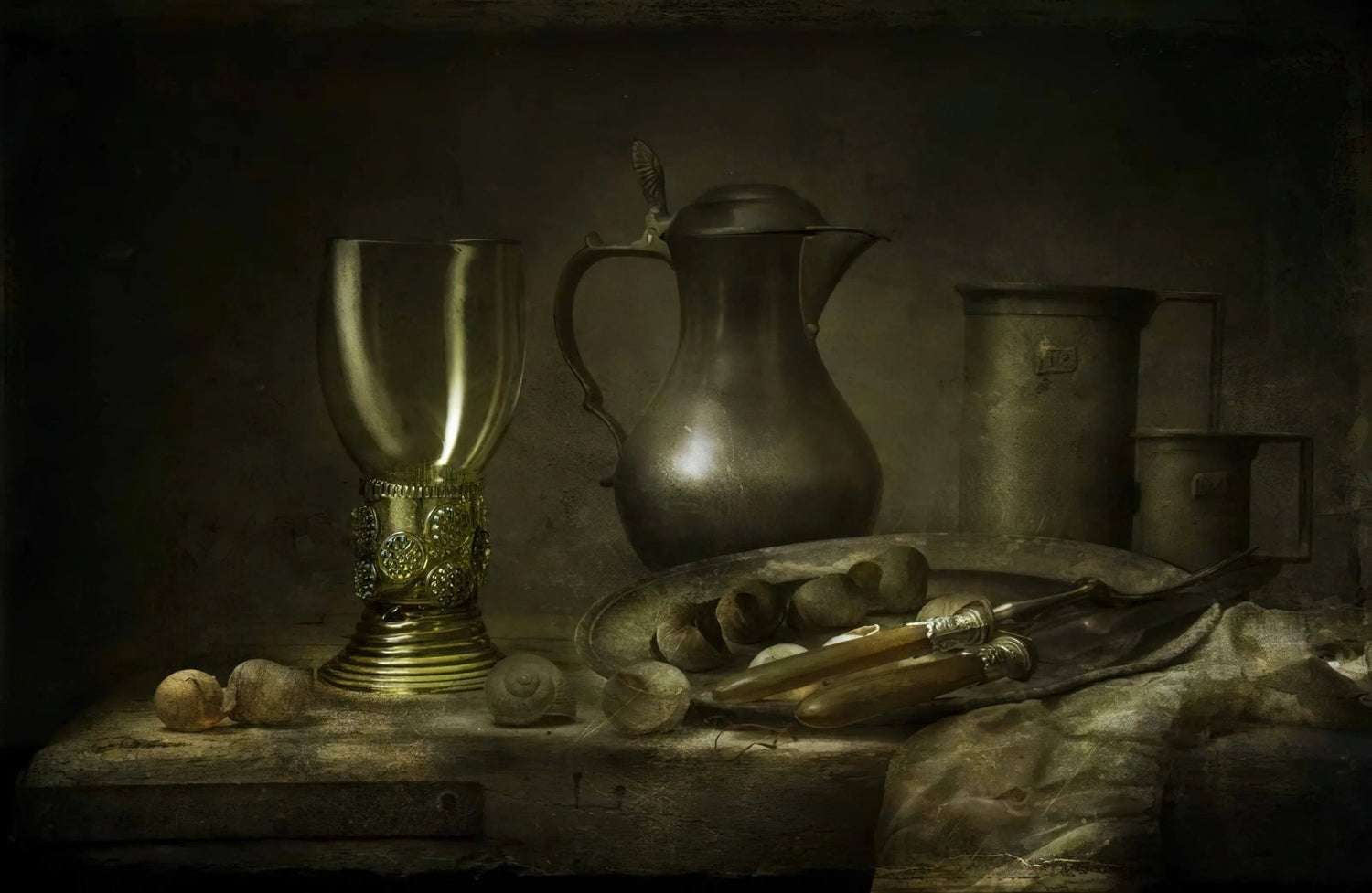Still Life Oil Painting - Antique Metalware with Glassware and Shells Wall Art - Oil Painting Haven