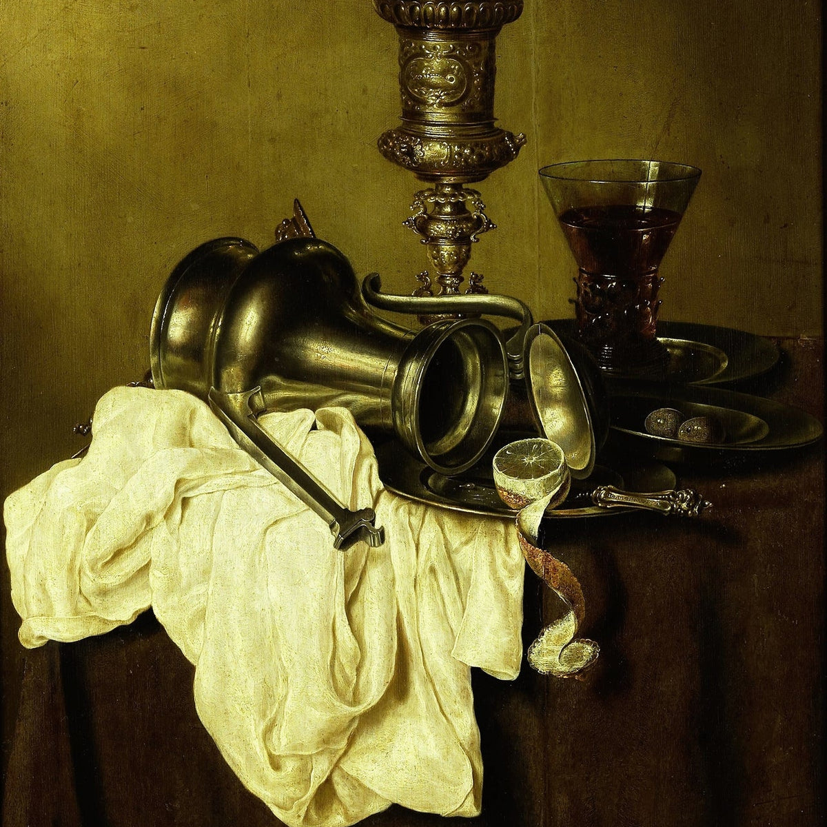 Still Life Oil Painting - Antique Pewter and Wine Glass - Oil Painting Haven