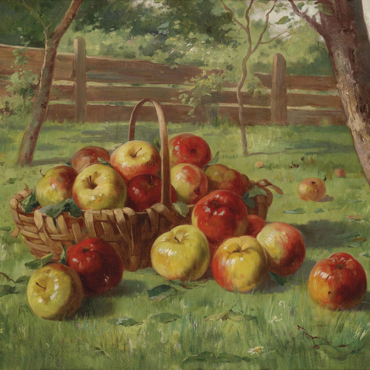 Still Life Oil Painting - Apple Basket in Garden - Oil Painting Haven